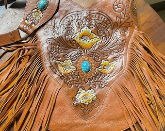 Tan leather fringe bag