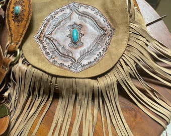 boho fringed style bag  - buckskin beige with turquoise centre piece