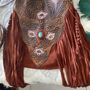 Rust suede and leather fringed shoulder bag