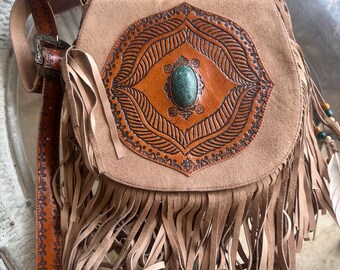 boho fringed style bag  - buckskin beige with turquoise centre piece