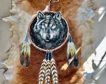 Handpainted wolf design. Goathide