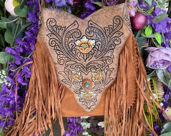 Hand tooled leather bag. Handpainted floral design.