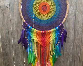 Rainbow macrame dreamcatcher