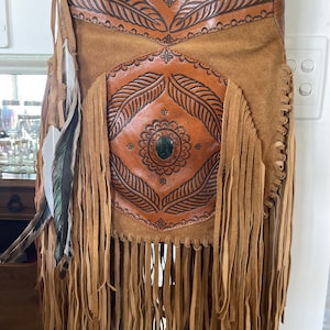 Hand tooled toffee coloured suede fringed bag