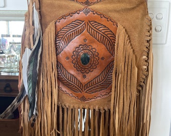 Hand tooled toffee coloured suede fringed bag