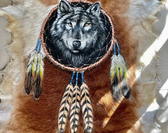 Handpainted wolf design. Goathide