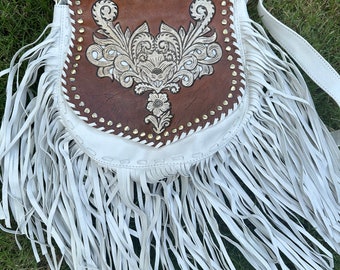 white leather boho style fringed bag