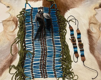 Blue Handcarved bone breastplate plus matching bracelets