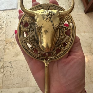 May include: A gold bull's head wall hook with an ornate design. The hook is attached to a round plate with a decorative border.