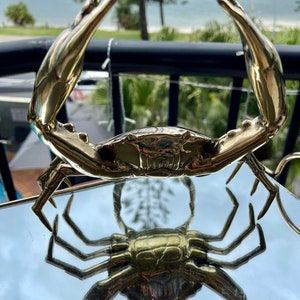 May include: A gold-colored metal crab sculpture with detailed claws and legs. The crab is standing on a mirrored surface, reflecting its image.