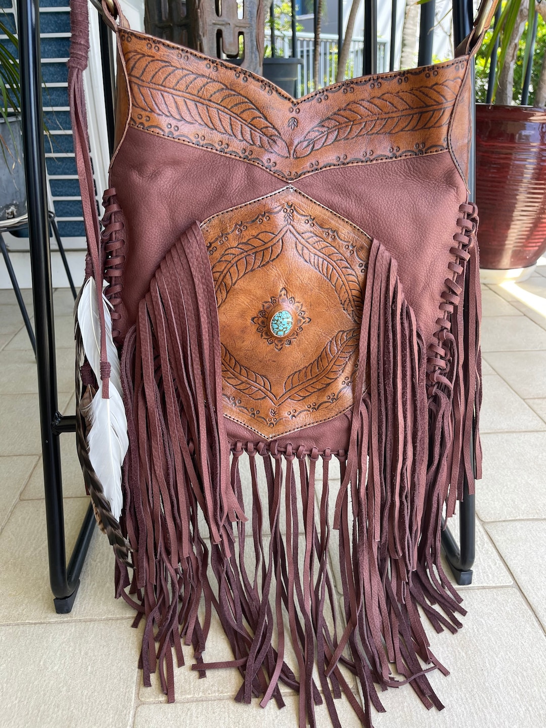 Chocolate Brown Leather Fringed Bag Etsy