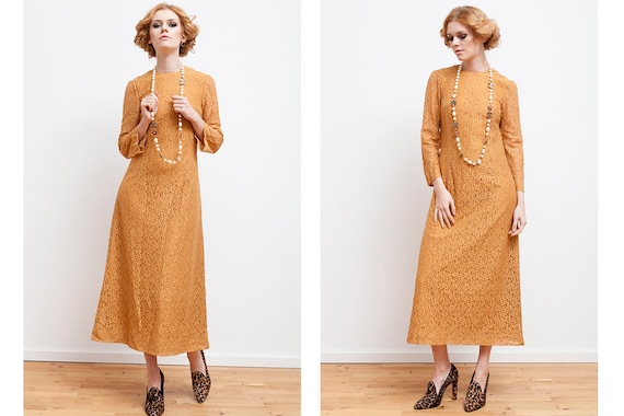 Maxi Long mustard dress from 70s