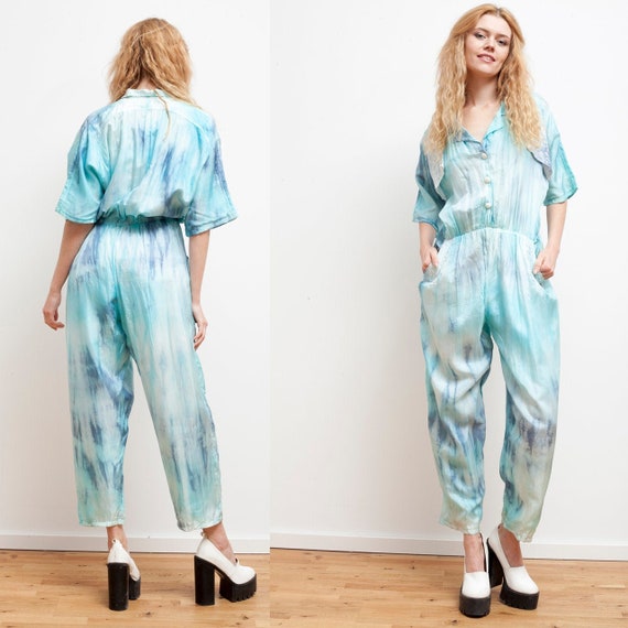 80s tiedye silk jumpsuit in light turquoise