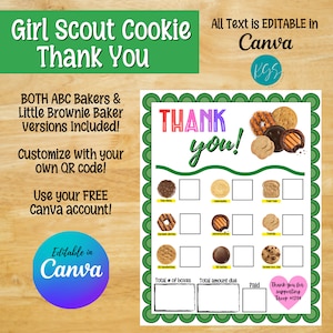 Girl Scout Cookie Dankeskartenquittung, bearbeitbare Canva-Vorlage, bearbeitbare Cookie-Verkäufe Danke, LBB- und ABC-Baker enthalten