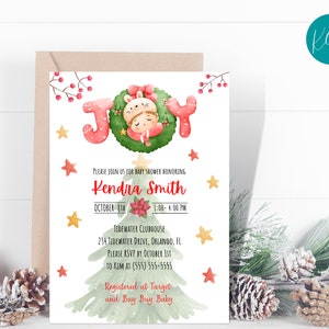Christmas baby Shower Invitation, Winter Baby Shower, Joy Holiday Baby Shower, digital editable Canva template