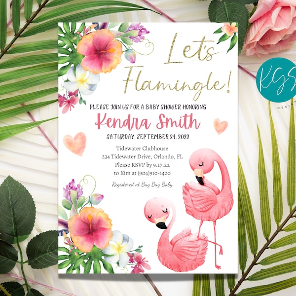Let's Flamingle Baby Shower Invitation, Pink Flamingo Baby Shower, editable Canva template, Baby Girl Shower