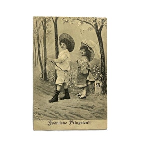 Antique Postcard German Frohliche Pfingsten Happy Pentecost with Children image 1
