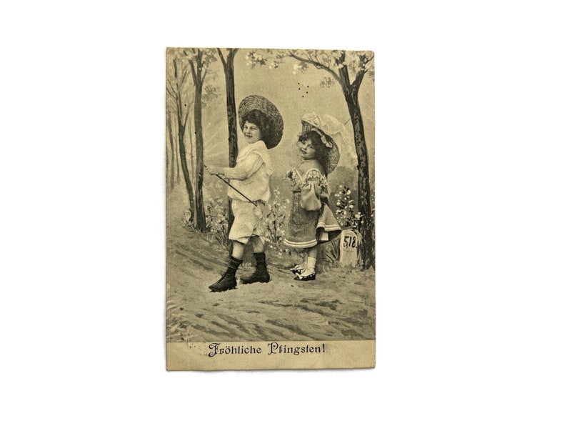 Antique Postcard German Frohliche Pfingsten Happy Pentecost with Children image 1