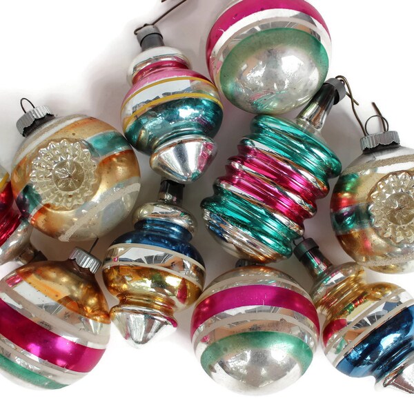 10 Vintage Glass Striped Ornaments Indent Lantern Shiny Brite Balls