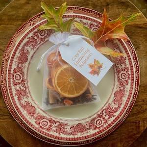 May include: A sheer white drawstring bag filled with dried orange slices, cinnamon sticks, and cloves. A white tag attached to the bag features the text Cozy Fall Simmering Potpourri and a colorful maple leaf illustration. Two autumn leaves rest on top.