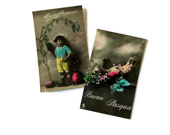 2 Antique Postcards Italian Easter Cards Unused Buona Pasqua Hand Tinted Photo