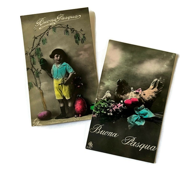 2 Antique Postcards Italian Easter Cards Unused Buona Pasqua Hand Tinted Photo