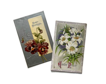 2 Antique Postcards Easter Victorian Embossed Vintage Flowers