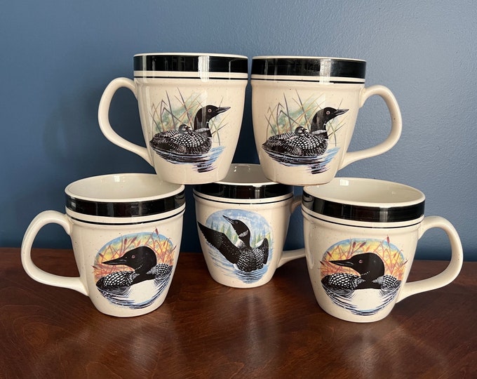 5 Coffee Mugs Loon Lake Folkcraft Stoneware by Scotty Z Etsy