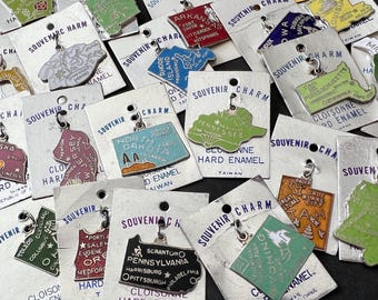 Könnte beinhalten: Eine Sammlung bunter Souvenir-Anhänger aus Emaille in Form verschiedener Bundesstaaten der Vereinigten Staaten. Jeder Anhänger zeigt den Namen des Bundesstaates und einen kleinen Stern. Die Anhänger befinden sich auf Karten mit den Worten "Souvenir Charm" und "Cloisonne Hard Enamel".