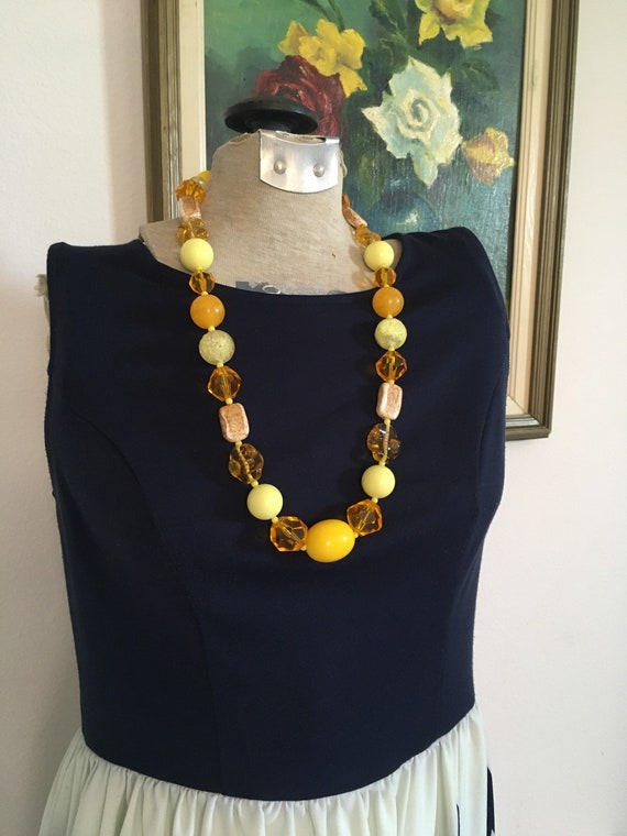 Necklace Long Beaded Yellow Glass and Lucite New O