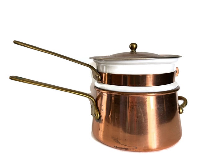 Vintage Copper and Brass Double Boiler With Porcelain Insert Bain Marie