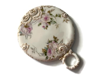 Antique Victorian Porcelain Hand Mirror with Hand Painted Roses