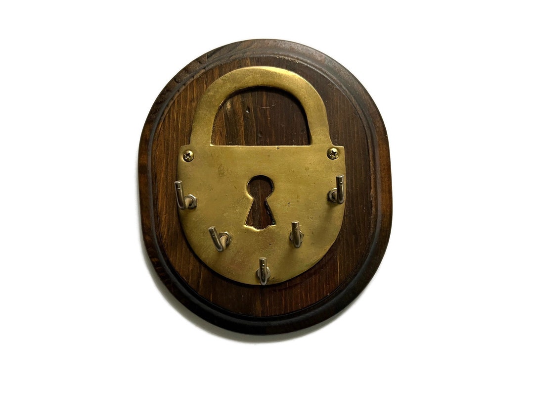 Key Hook Brass Padlock With 5 Hooks on Wood Plaque Etsy