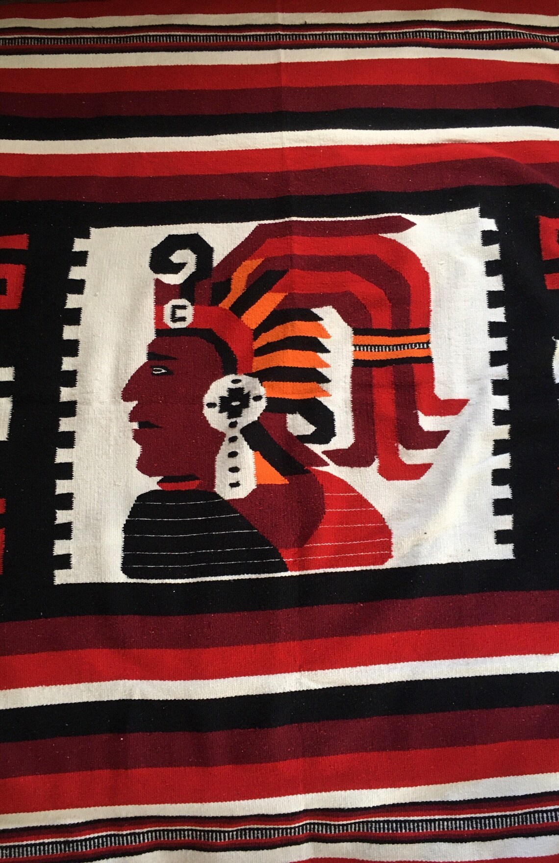 Vintage Mexican Blanket Aztec Warrior Red Orange Black Etsy