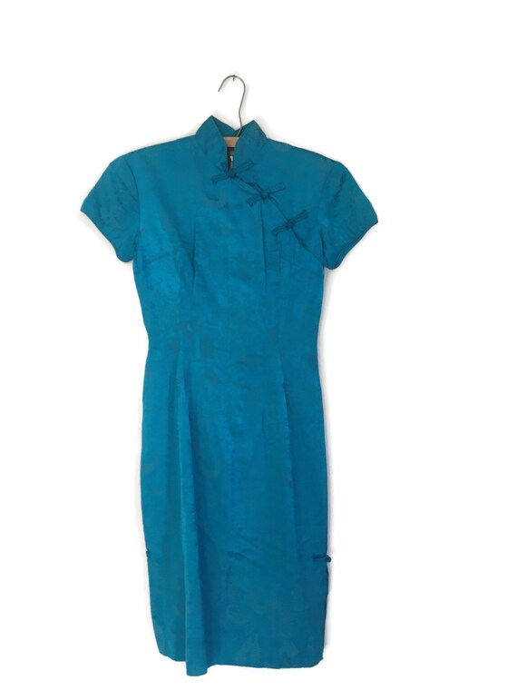 Alfred Shaheen Cheongsam Dress Peacock Blue
