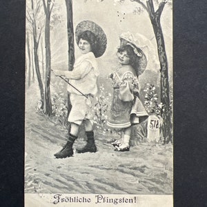 Antique Postcard German Frohliche Pfingsten Happy Pentecost with Children image 2