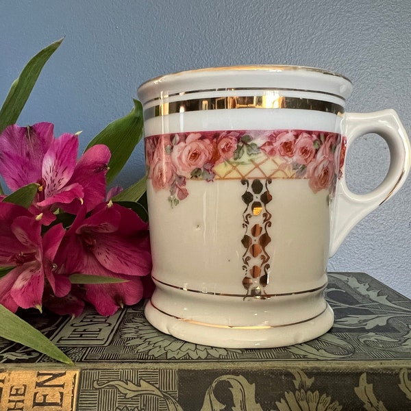 Antique Shaving Mug Hand Painted Pink Roses and Gold AS IS small chips