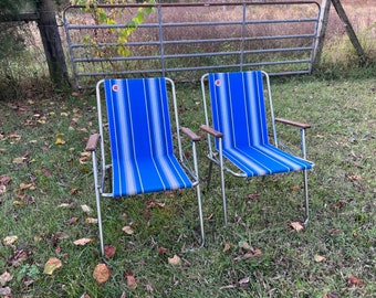 Set of 2 Vintage Zip Dee Fold Away Chairs Blue Stripe RV Airstream Camping