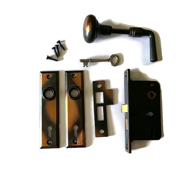 Antique Doorknob Set Japanned Copper Hardware Mortise Lock Skeleton Key Backplates