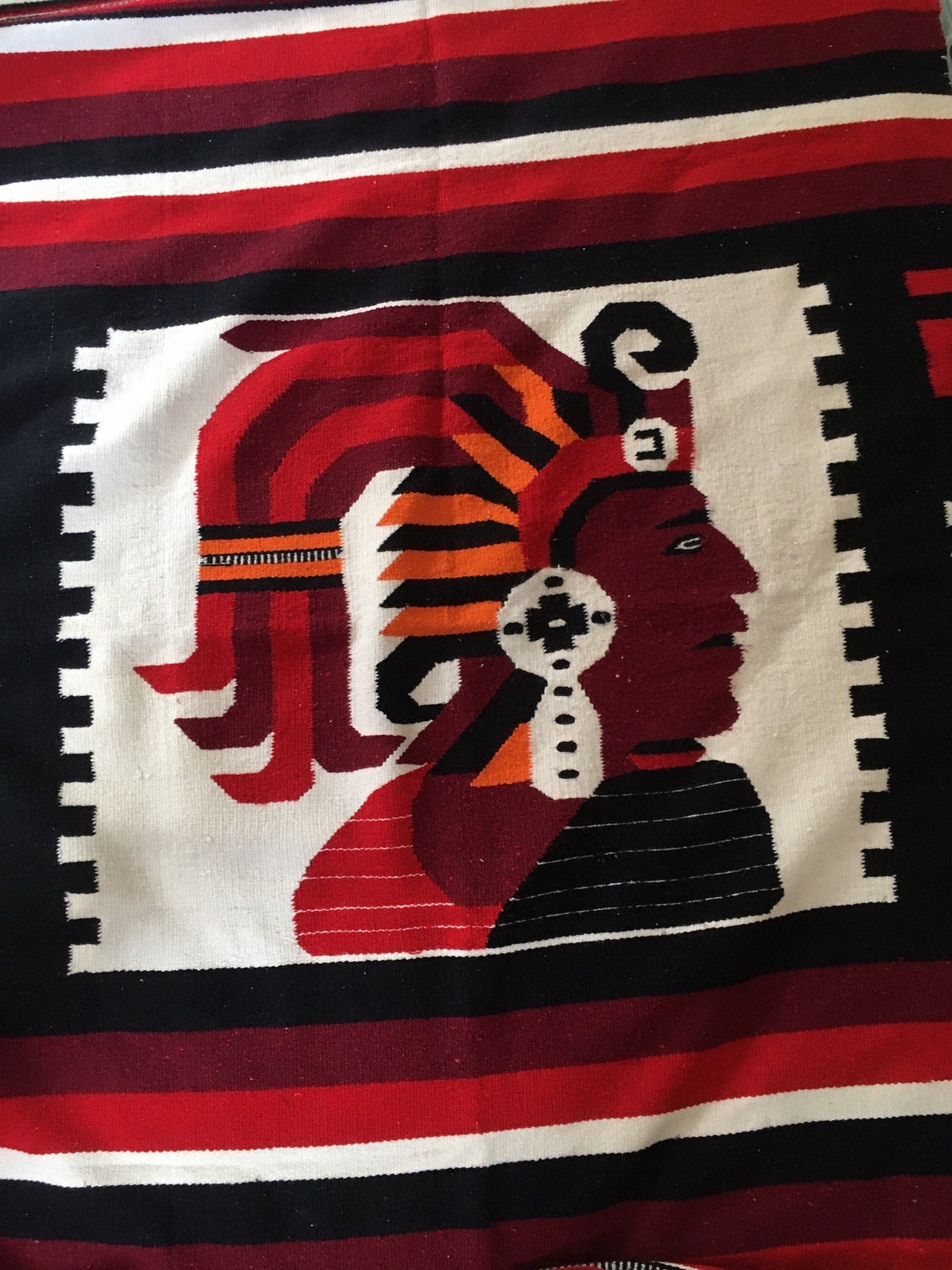 Vintage Mexican Blanket Aztec Warrior Red Orange Black Etsy
