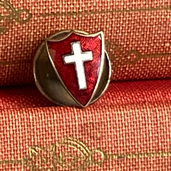 Vintage Cross on Red Enamel Shield  Screw Back Pin