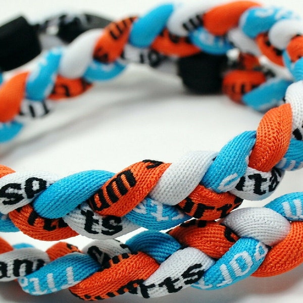 Wholesale Lot of 12 Light Blue Orange White 20 Inch 3 Rope Braided Tornado Baseball Necklaces Team Colors