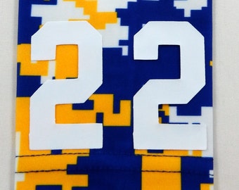 Custom Number (PICK YOUR NUMBER) Royal Blue Yellow White Digital Camo Sports Arm Sleeve Basketball Football Baseball Softball Gamer