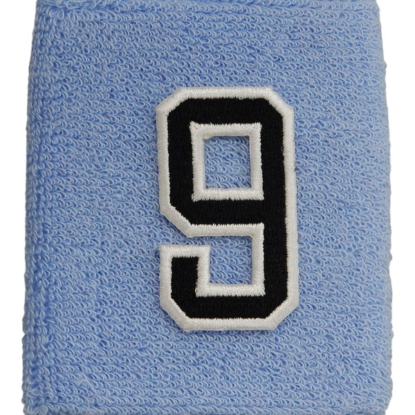 Custom Number (PICK YOUR NUMBER) Light Blue Black White Wristband Sweatband Basketball Football Baseball Soccer Softball