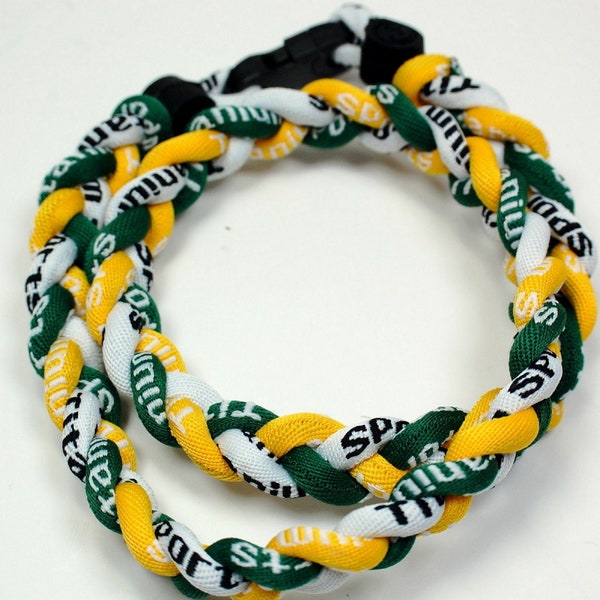 Green Yellow White 20 Inch 3 Rope Braided Tornado Baseball Necklace Team Colors