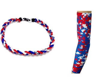 NEW! Combo Royal Blue Red White Tornado Baseball Necklace with Digital Camo Arm Sleeve Team Colors Uniform Jersey Kids Youth Boys Girls