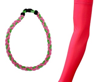 NEW! Combo Pink Neon Green Tornado Baseball Necklace with Solid Hot Pink Arm Sleeve Team Colors Uniform Jersey Sports Kids Youth Boys Girls