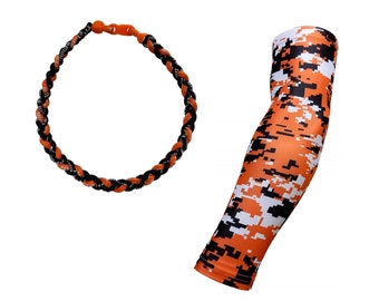 NEW! Combo Orange Black Tornado Baseball Necklace with Digital Camo Arm Sleeve Team Colors Uniform Jersey Sports Kids Youth Boys Girls