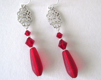 long  red and silver  earrings   Red  earrings