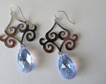 Silver earrings.  Crystal earrings   blue earrings.  Swarovski earrings